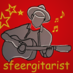 Sfeergitarist logo met gitaar spelende man met hoed. Rode achtergrond met gele sterren en noten